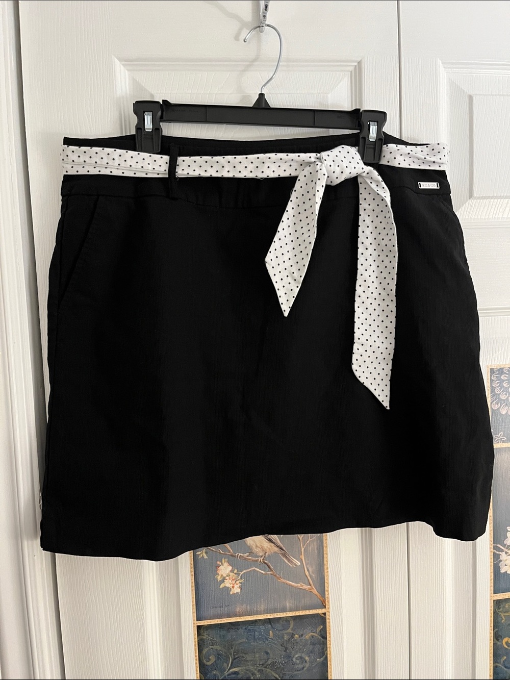 Black Mini Skirt with White Polka Dot Tie Belt - Women